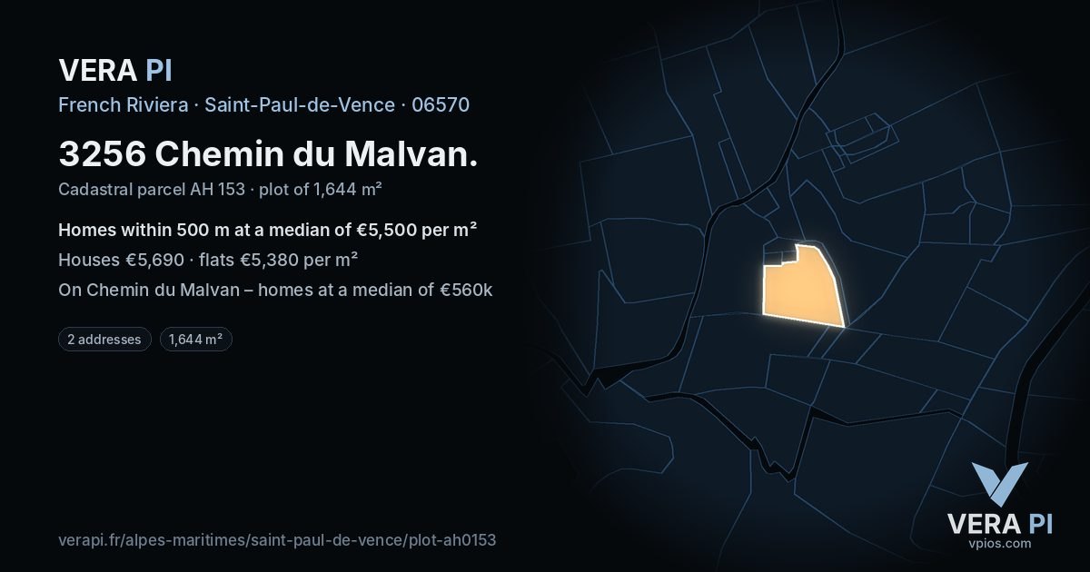 3256 Chemin du Malvan, Saint-Paul-de-Vence at night – the plot lit, the parcels around coloured by the prices near them