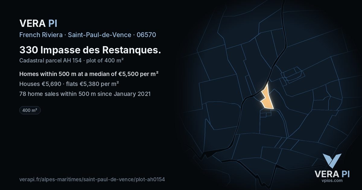 330 Impasse des Restanques, Saint-Paul-de-Vence at night – the plot lit, the parcels around coloured by the prices near them