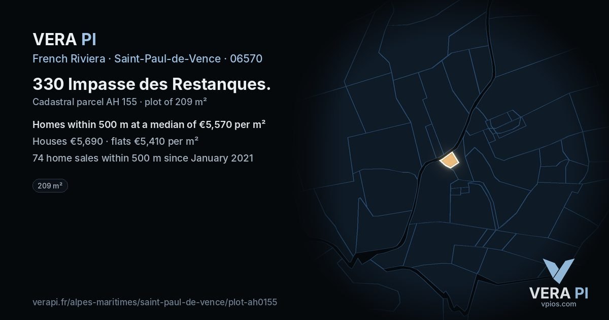 330 Impasse des Restanques, Saint-Paul-de-Vence at night – the plot lit, the parcels around coloured by the prices near them