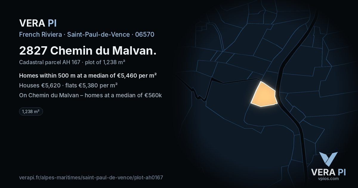 2827 Chemin du Malvan, Saint-Paul-de-Vence at night – the plot lit, the parcels around coloured by the prices near them