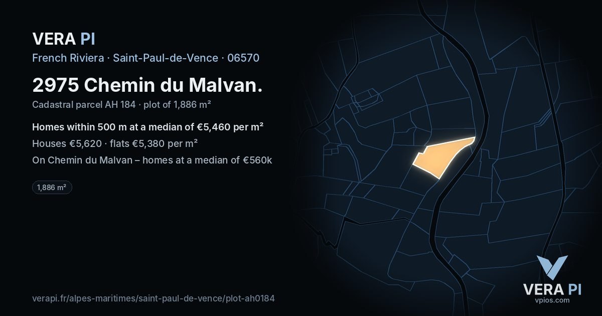 2975 Chemin du Malvan, Saint-Paul-de-Vence at night – the plot lit, the parcels around coloured by the prices near them