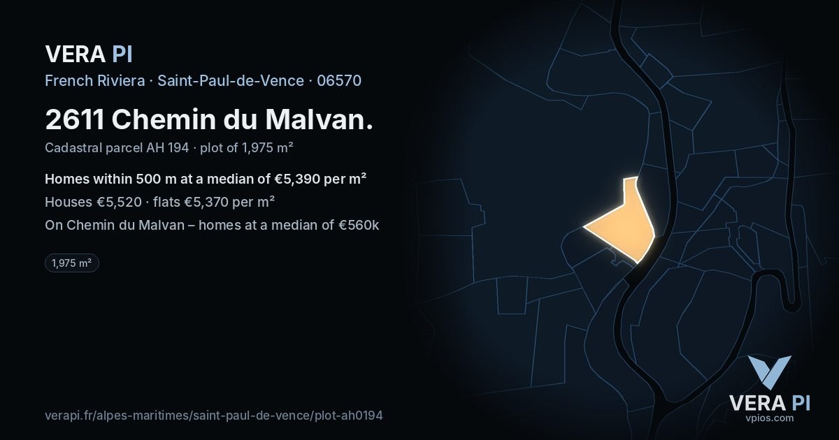2611 Chemin du Malvan, Saint-Paul-de-Vence at night – the plot lit, the parcels around coloured by the prices near them