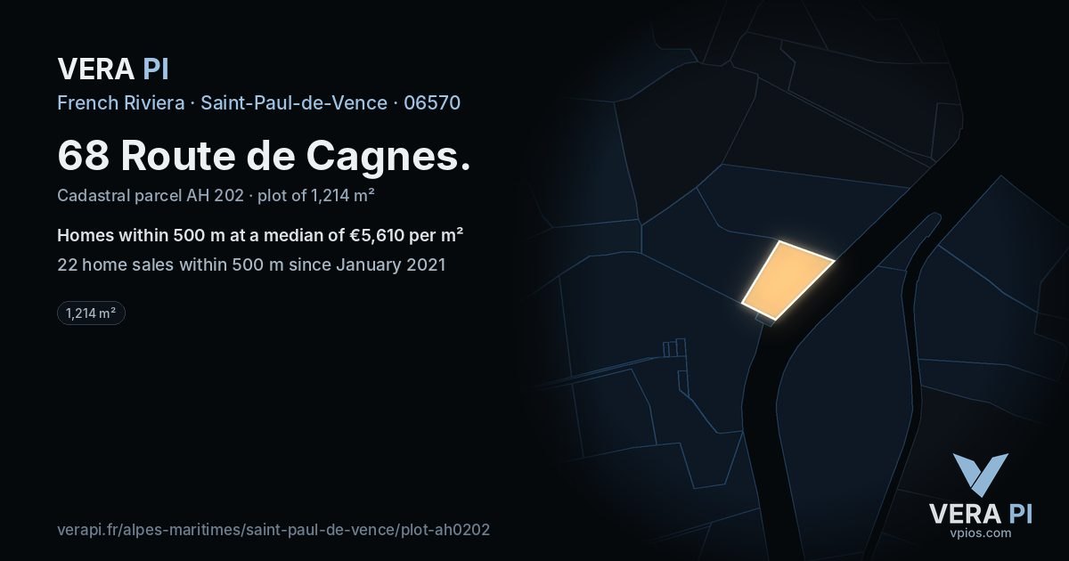 68 Route de Cagnes, Saint-Paul-de-Vence at night – the plot lit, the parcels around coloured by the prices near them