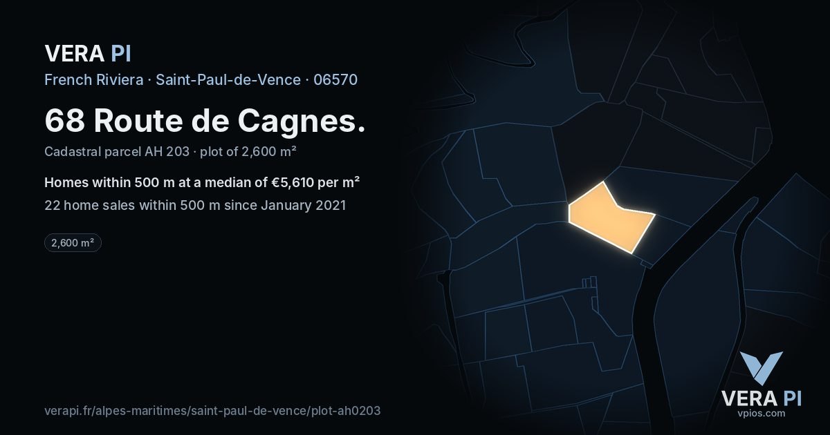 68 Route de Cagnes, Saint-Paul-de-Vence at night – the plot lit, the parcels around coloured by the prices near them