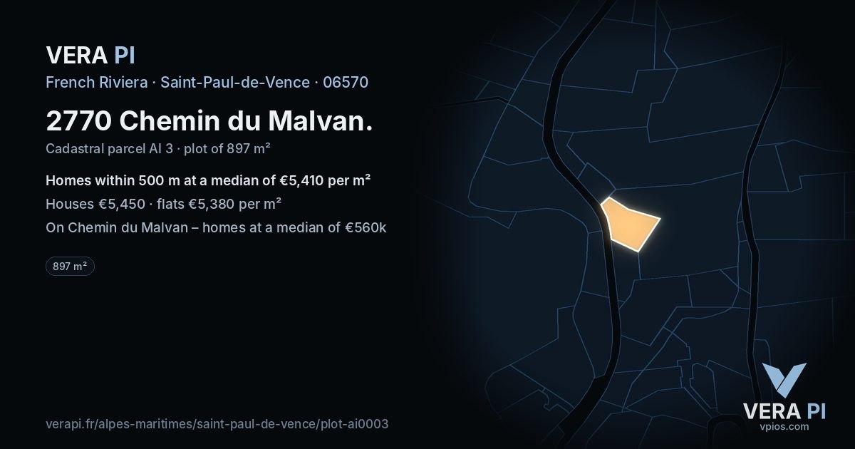 2770 Chemin du Malvan, Saint-Paul-de-Vence at night – the plot lit, the parcels around coloured by the prices near them