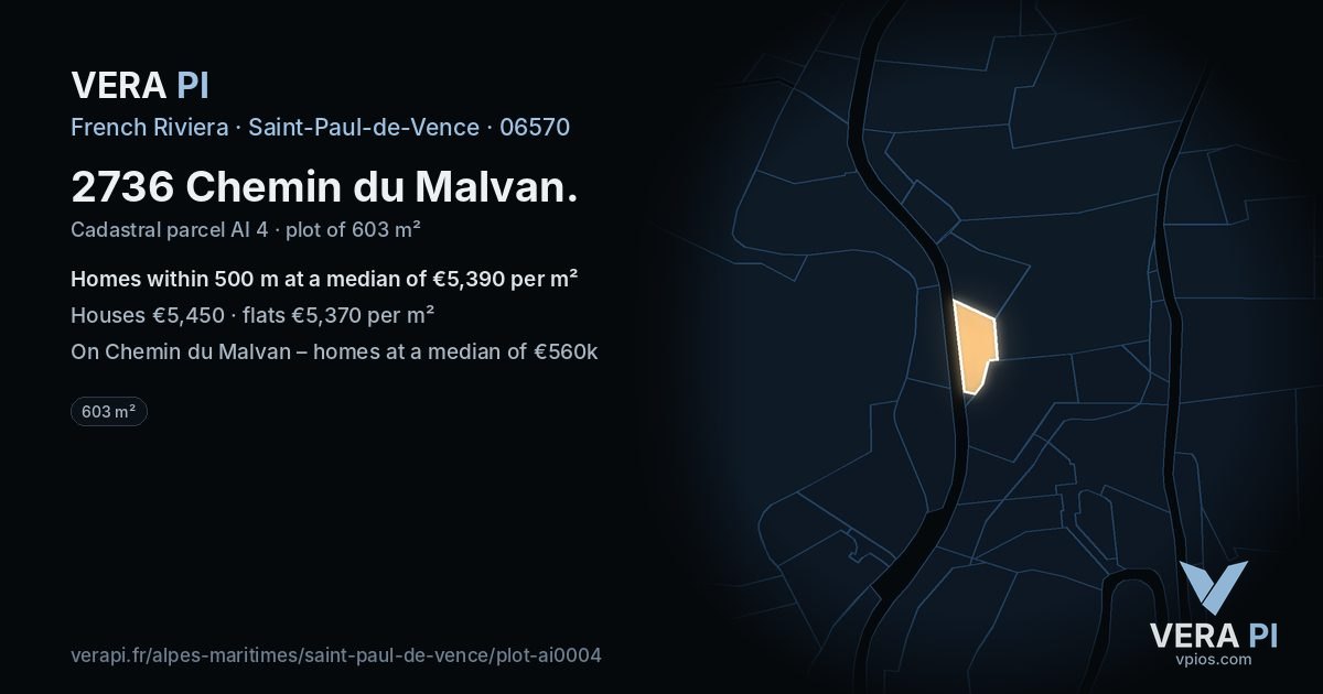 2736 Chemin du Malvan, Saint-Paul-de-Vence at night – the plot lit, the parcels around coloured by the prices near them
