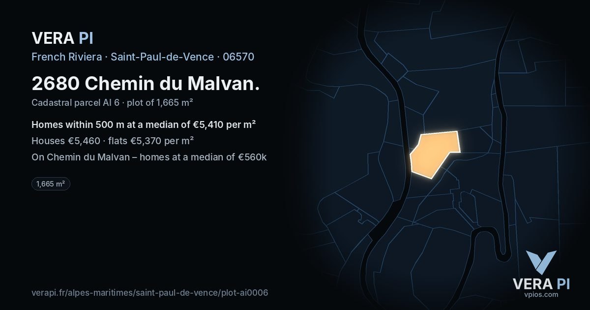 2680 Chemin du Malvan, Saint-Paul-de-Vence at night – the plot lit, the parcels around coloured by the prices near them
