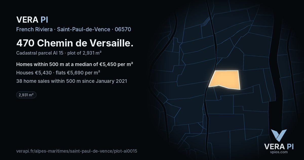 470 Chemin de Versaille, Saint-Paul-de-Vence at night – the plot lit, the parcels around coloured by the prices near them