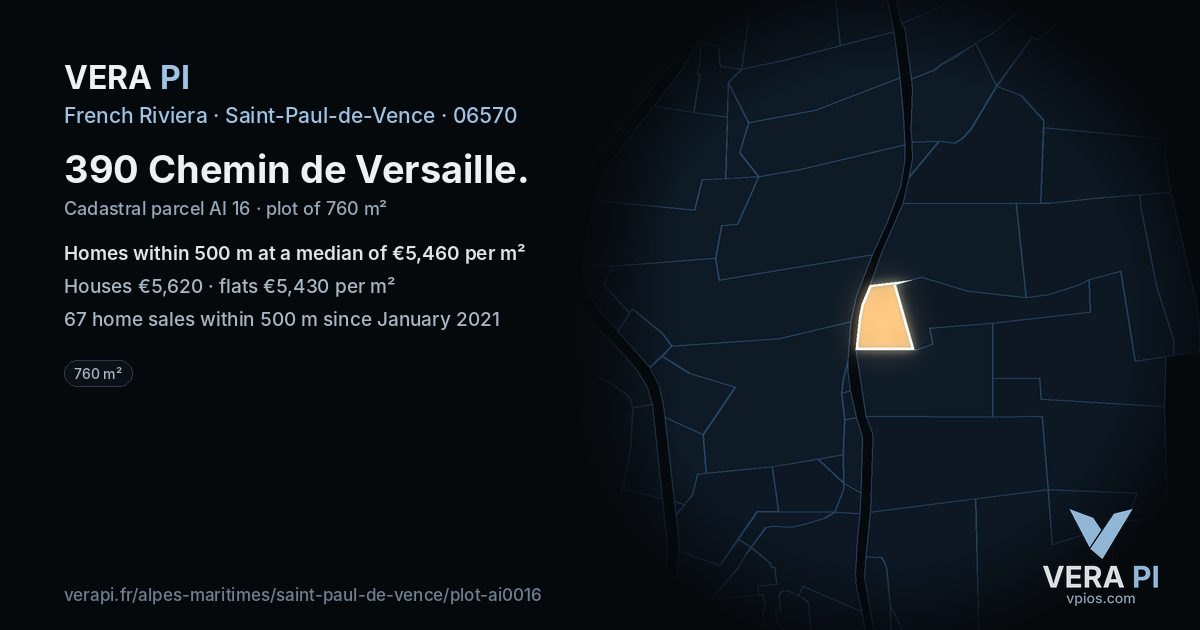 390 Chemin de Versaille, Saint-Paul-de-Vence at night – the plot lit, the parcels around coloured by the prices near them