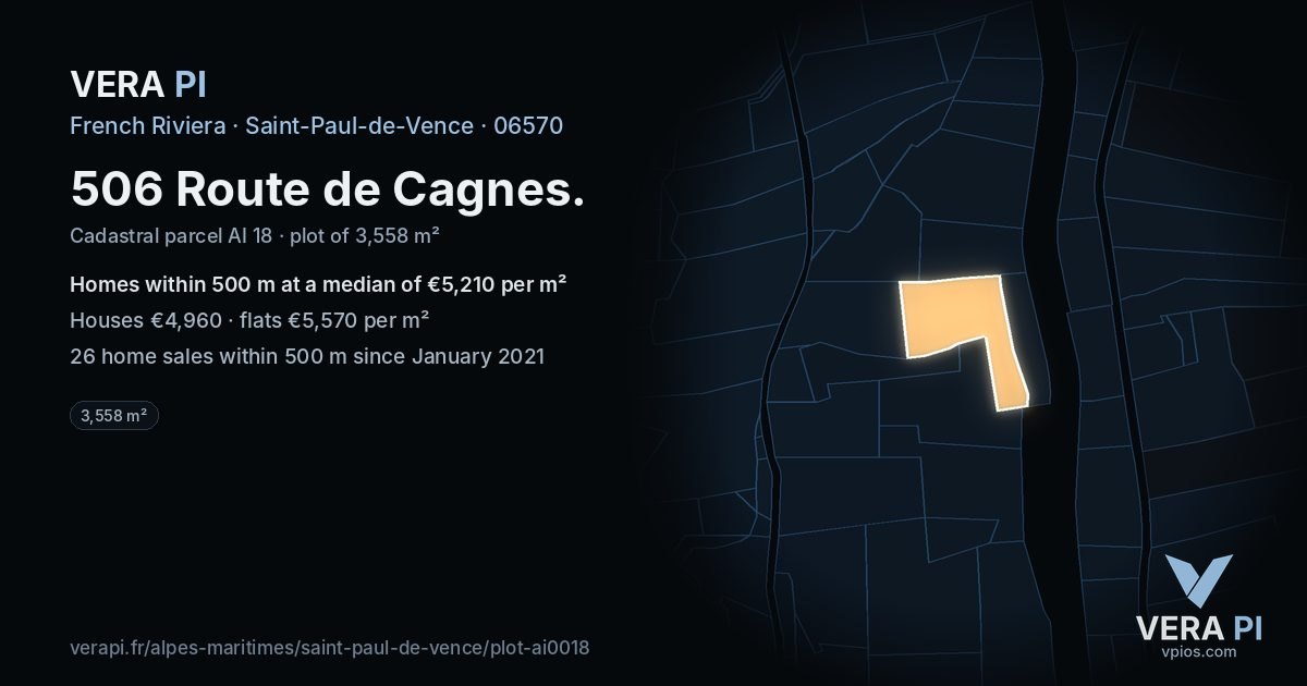 506 Route de Cagnes, Saint-Paul-de-Vence at night – the plot lit, the parcels around coloured by the prices near them