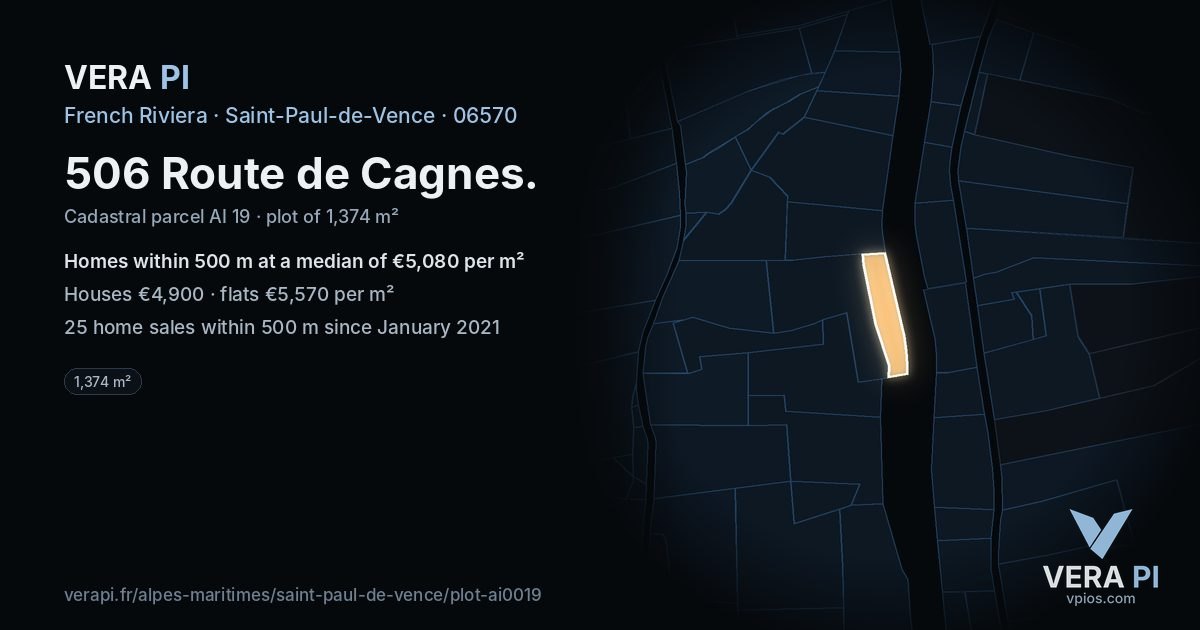 506 Route de Cagnes, Saint-Paul-de-Vence at night – the plot lit, the parcels around coloured by the prices near them