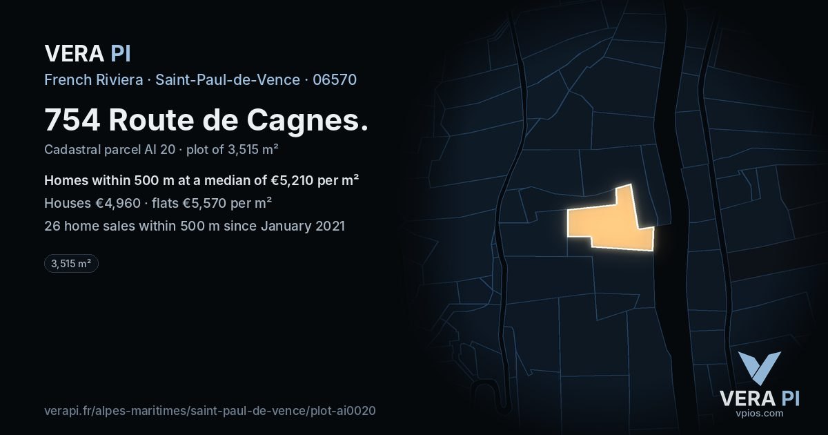 754 Route de Cagnes, Saint-Paul-de-Vence at night – the plot lit, the parcels around coloured by the prices near them