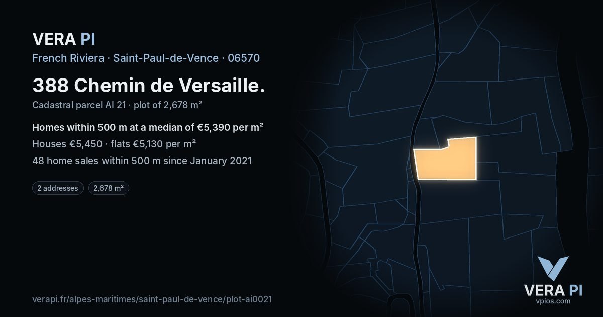 388 Chemin de Versaille, Saint-Paul-de-Vence at night – the plot lit, the parcels around coloured by the prices near them