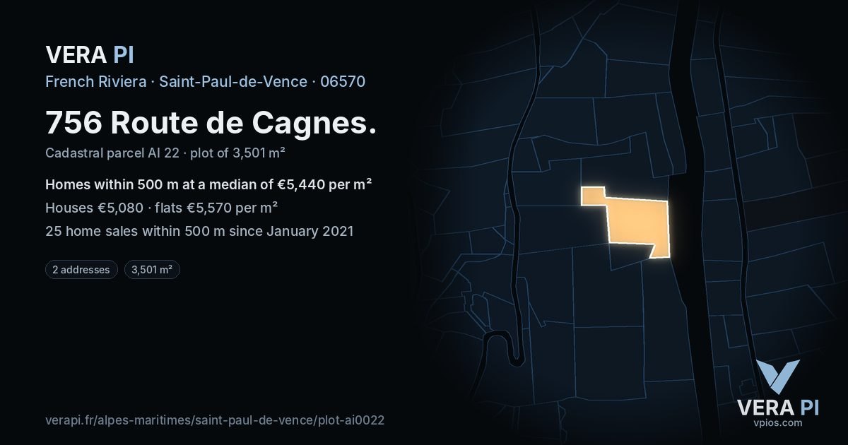 756 Route de Cagnes, Saint-Paul-de-Vence at night – the plot lit, the parcels around coloured by the prices near them