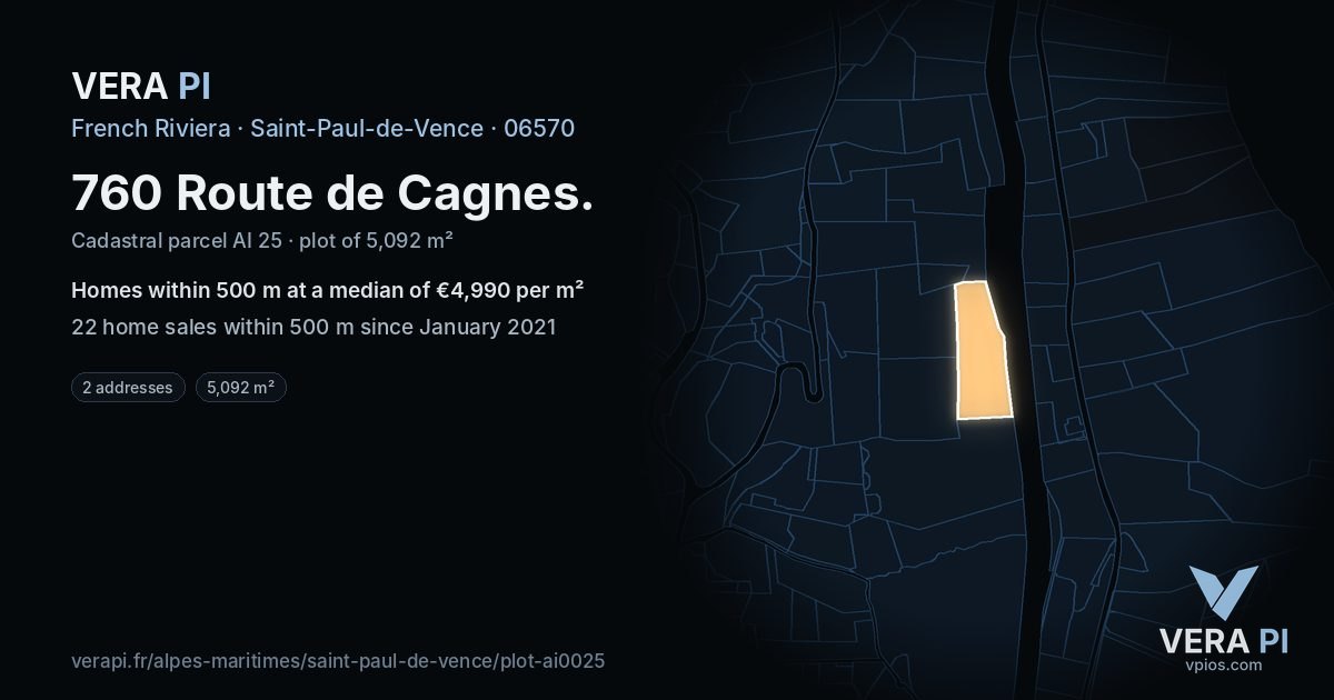 760 Route de Cagnes, Saint-Paul-de-Vence at night – the plot lit, the parcels around coloured by the prices near them