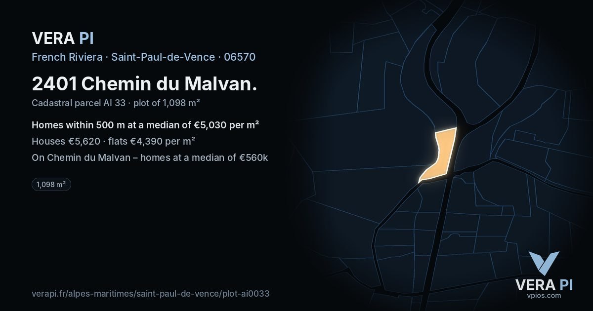2401 Chemin du Malvan, Saint-Paul-de-Vence at night – the plot lit, the parcels around coloured by the prices near them