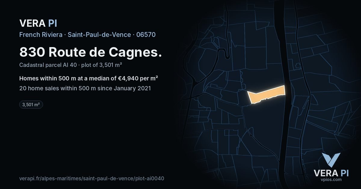 830 Route de Cagnes, Saint-Paul-de-Vence at night – the plot lit, the parcels around coloured by the prices near them