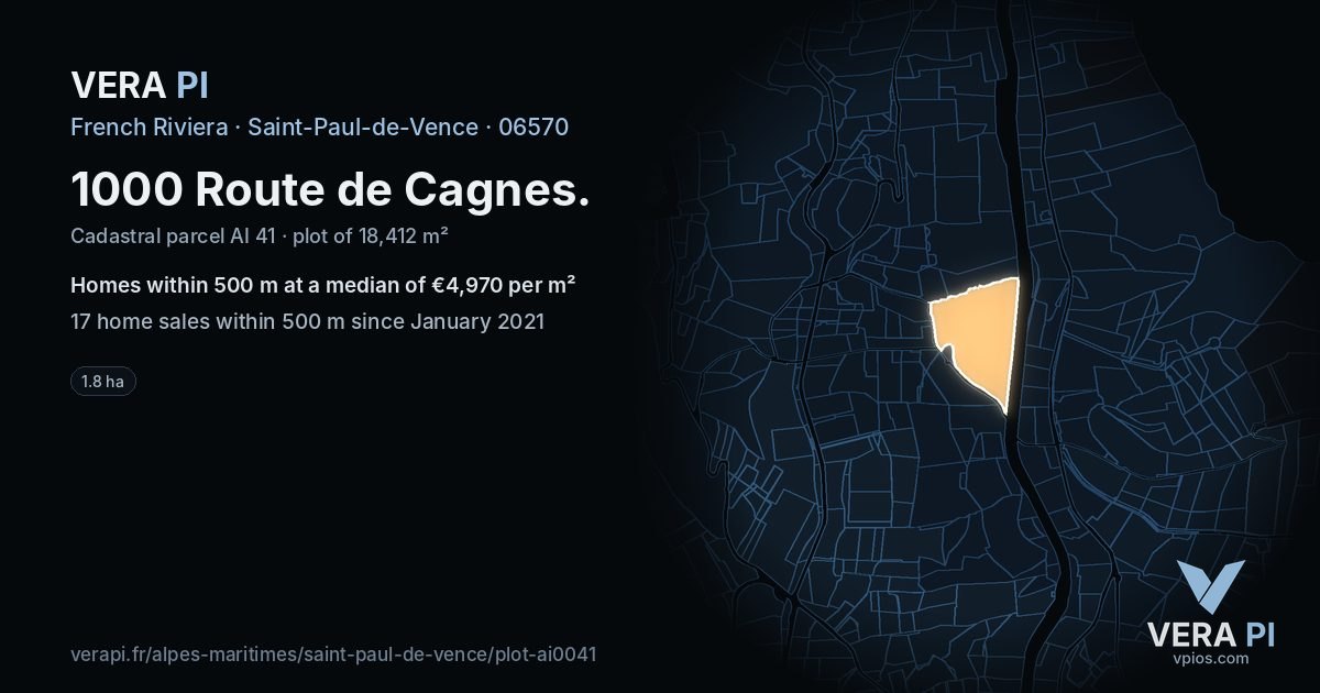 1000 Route de Cagnes, Saint-Paul-de-Vence at night – the plot lit, the parcels around coloured by the prices near them