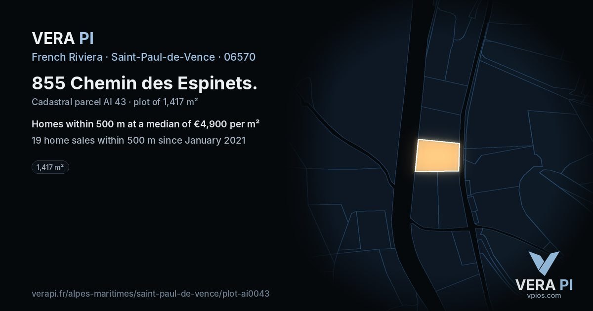 855 Chemin des Espinets, Saint-Paul-de-Vence at night – the plot lit, the parcels around coloured by the prices near them