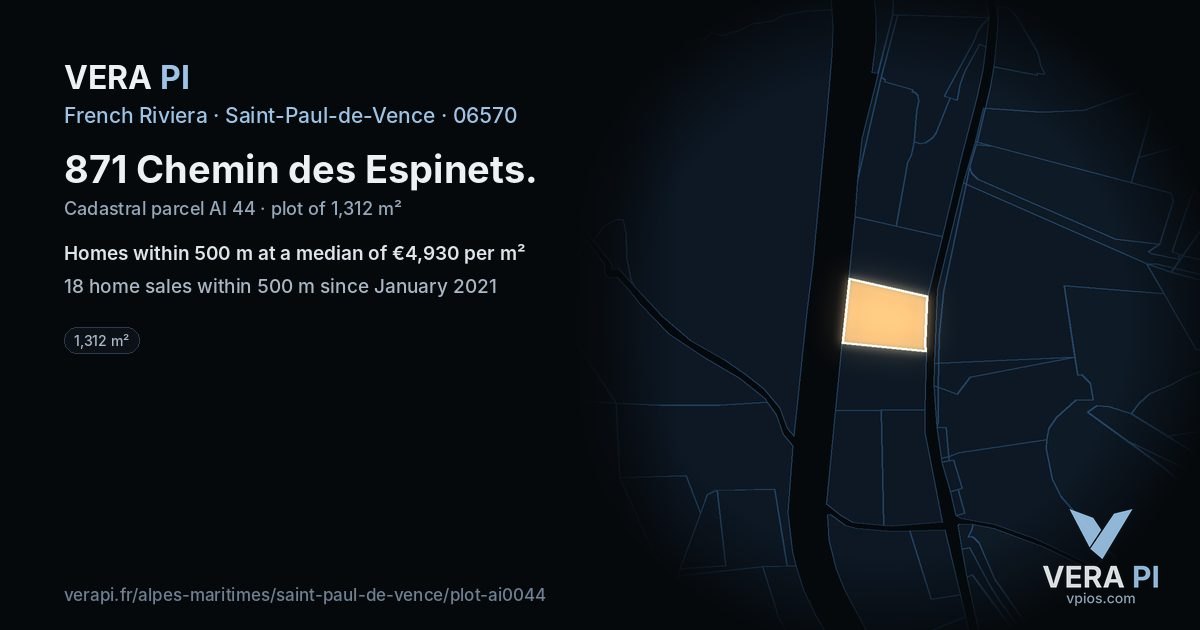 871 Chemin des Espinets, Saint-Paul-de-Vence at night – the plot lit, the parcels around coloured by the prices near them