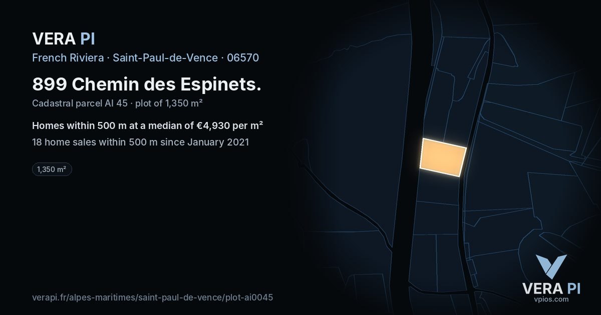 899 Chemin des Espinets, Saint-Paul-de-Vence at night – the plot lit, the parcels around coloured by the prices near them