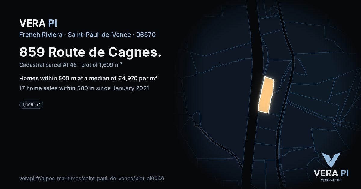 859 Route de Cagnes, Saint-Paul-de-Vence at night – the plot lit, the parcels around coloured by the prices near them