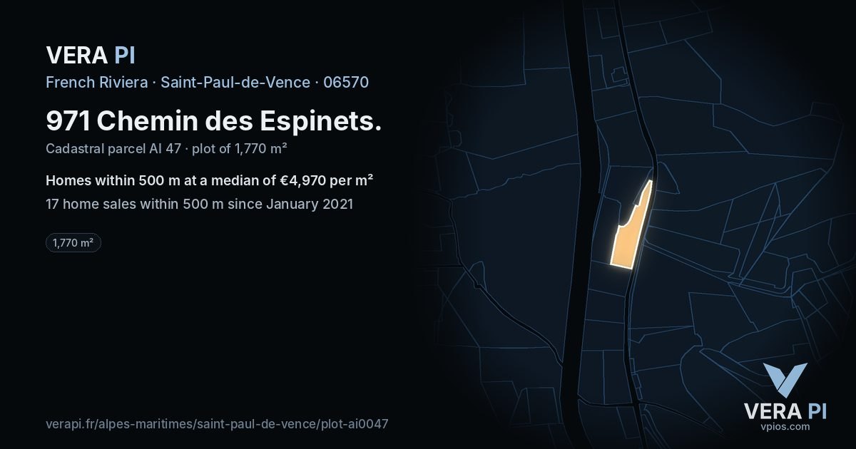 971 Chemin des Espinets, Saint-Paul-de-Vence at night – the plot lit, the parcels around coloured by the prices near them