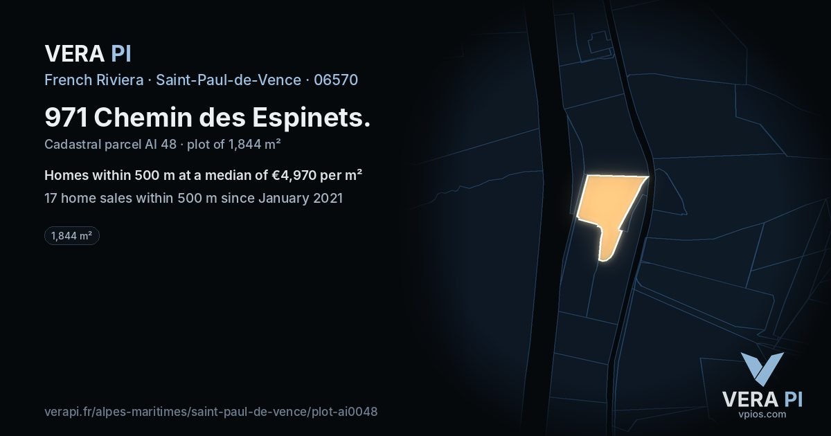 971 Chemin des Espinets, Saint-Paul-de-Vence at night – the plot lit, the parcels around coloured by the prices near them