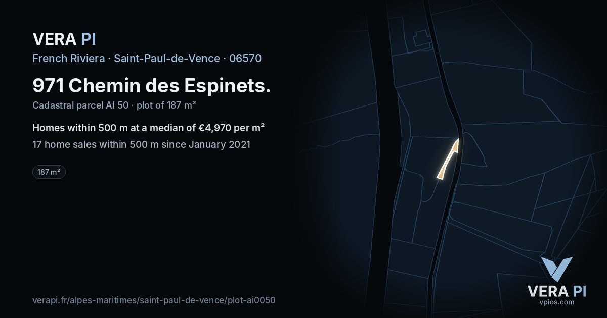 971 Chemin des Espinets, Saint-Paul-de-Vence at night – the plot lit, the parcels around coloured by the prices near them