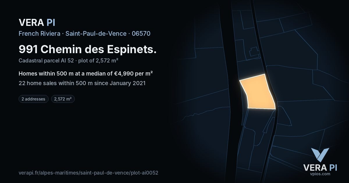 991 Chemin des Espinets, Saint-Paul-de-Vence at night – the plot lit, the parcels around coloured by the prices near them