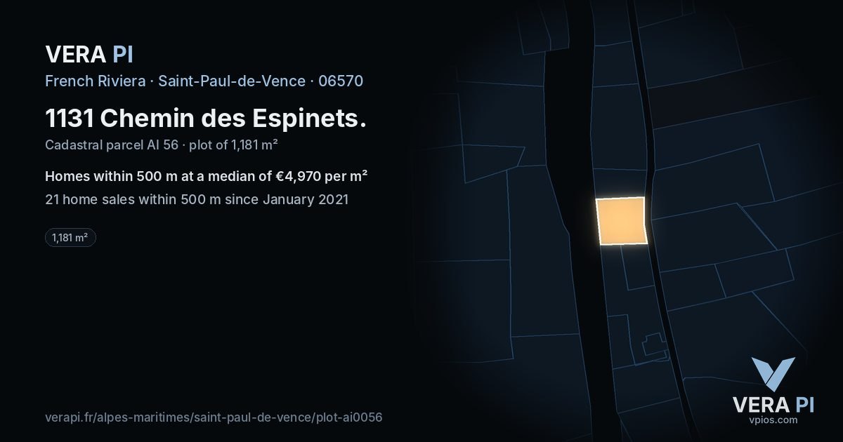 1131 Chemin des Espinets, Saint-Paul-de-Vence at night – the plot lit, the parcels around coloured by the prices near them