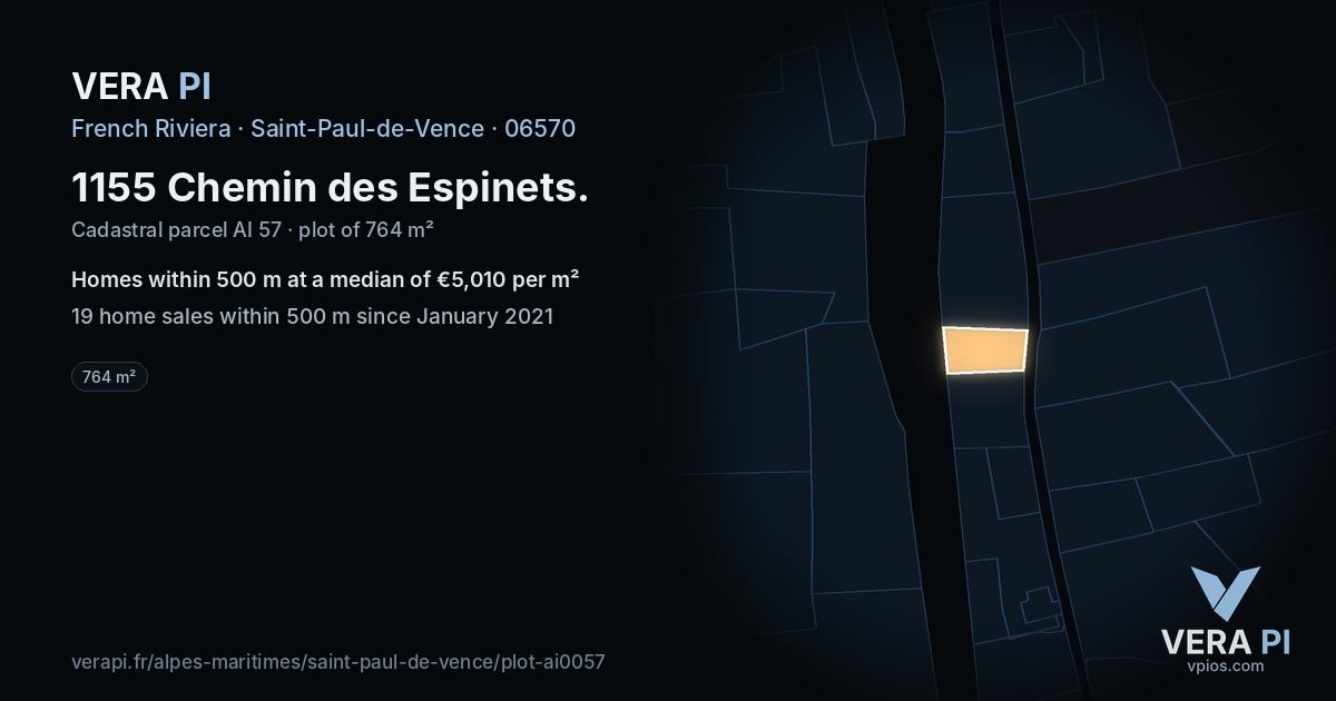 1155 Chemin des Espinets, Saint-Paul-de-Vence at night – the plot lit, the parcels around coloured by the prices near them