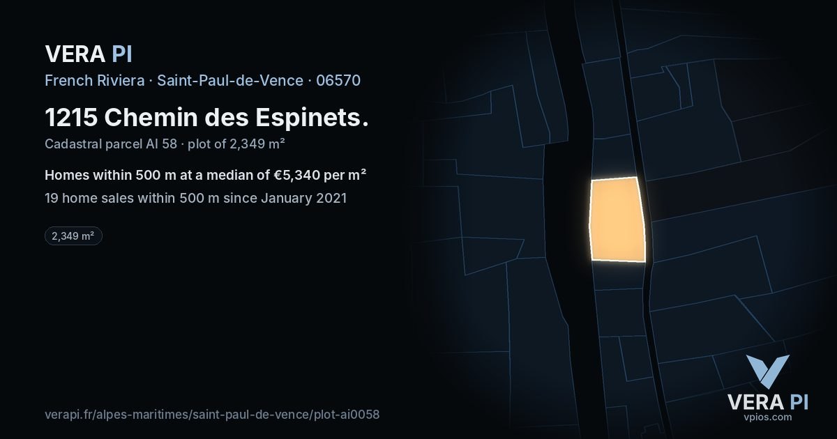 1215 Chemin des Espinets, Saint-Paul-de-Vence at night – the plot lit, the parcels around coloured by the prices near them