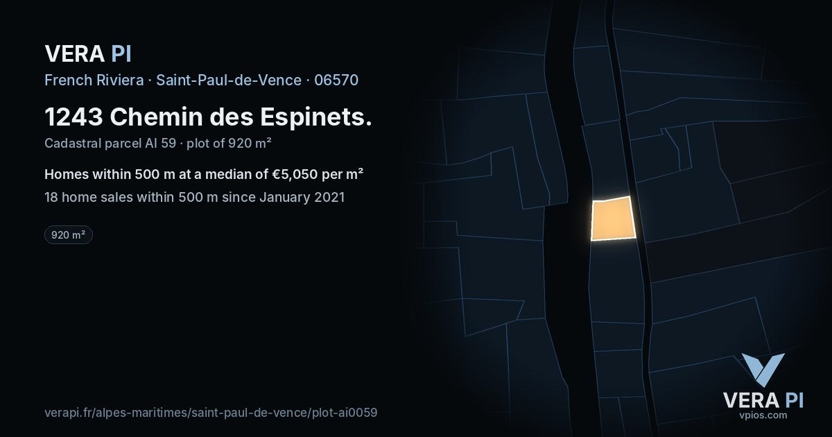 1243 Chemin des Espinets, Saint-Paul-de-Vence at night – the plot lit, the parcels around coloured by the prices near them