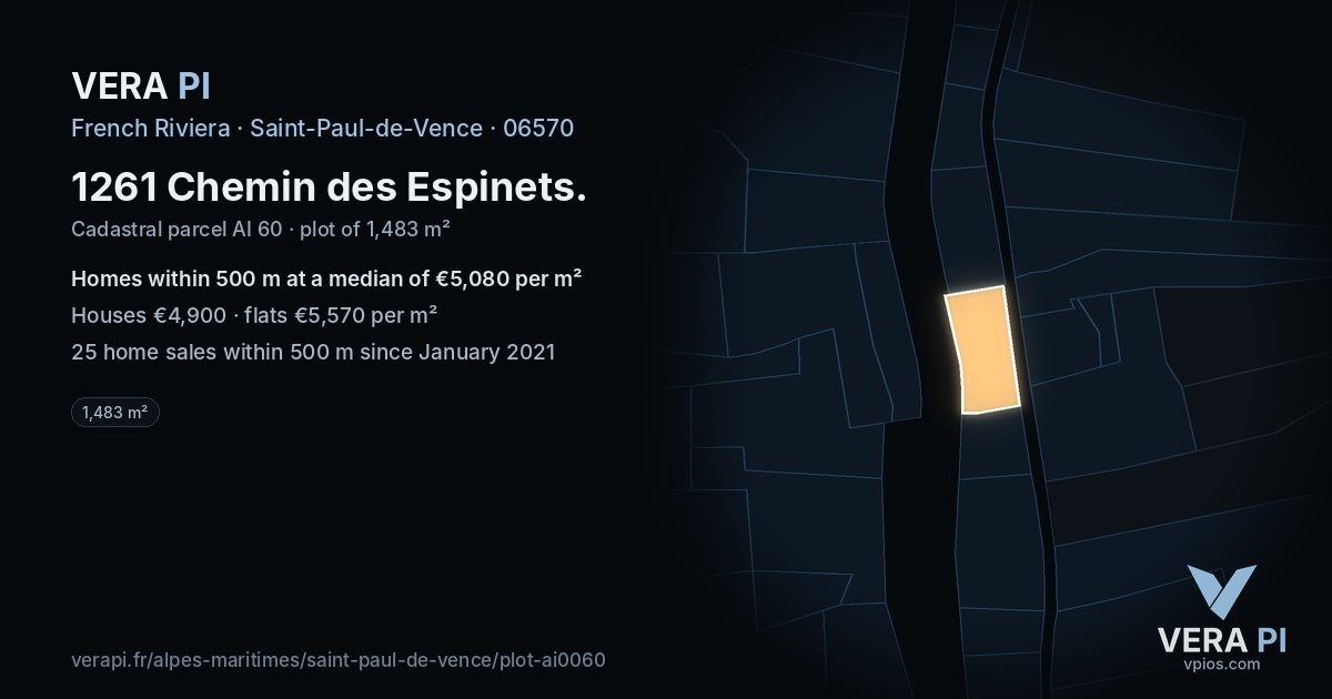 1261 Chemin des Espinets, Saint-Paul-de-Vence at night – the plot lit, the parcels around coloured by the prices near them