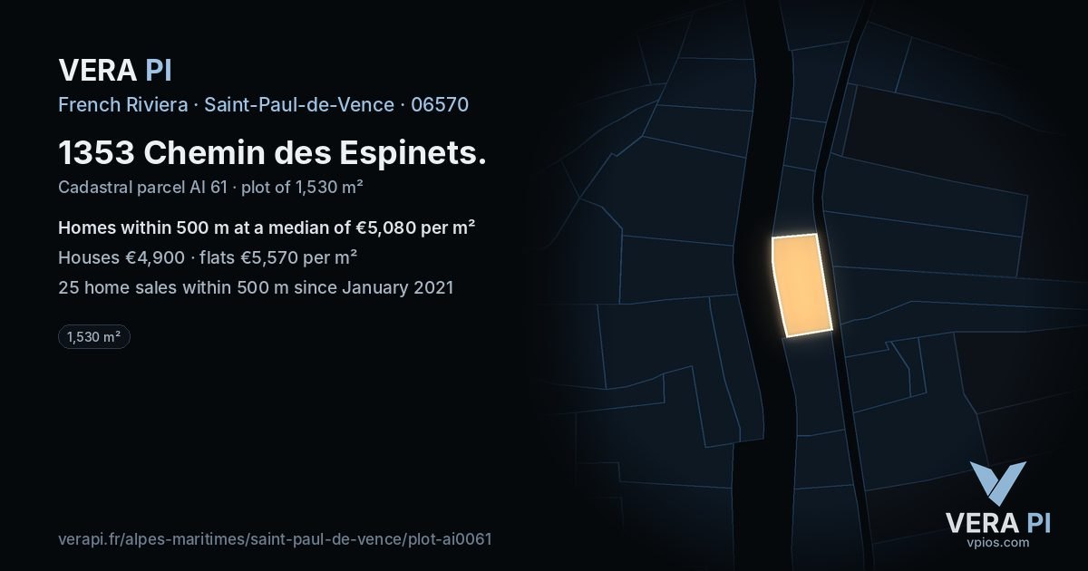 1353 Chemin des Espinets, Saint-Paul-de-Vence at night – the plot lit, the parcels around coloured by the prices near them
