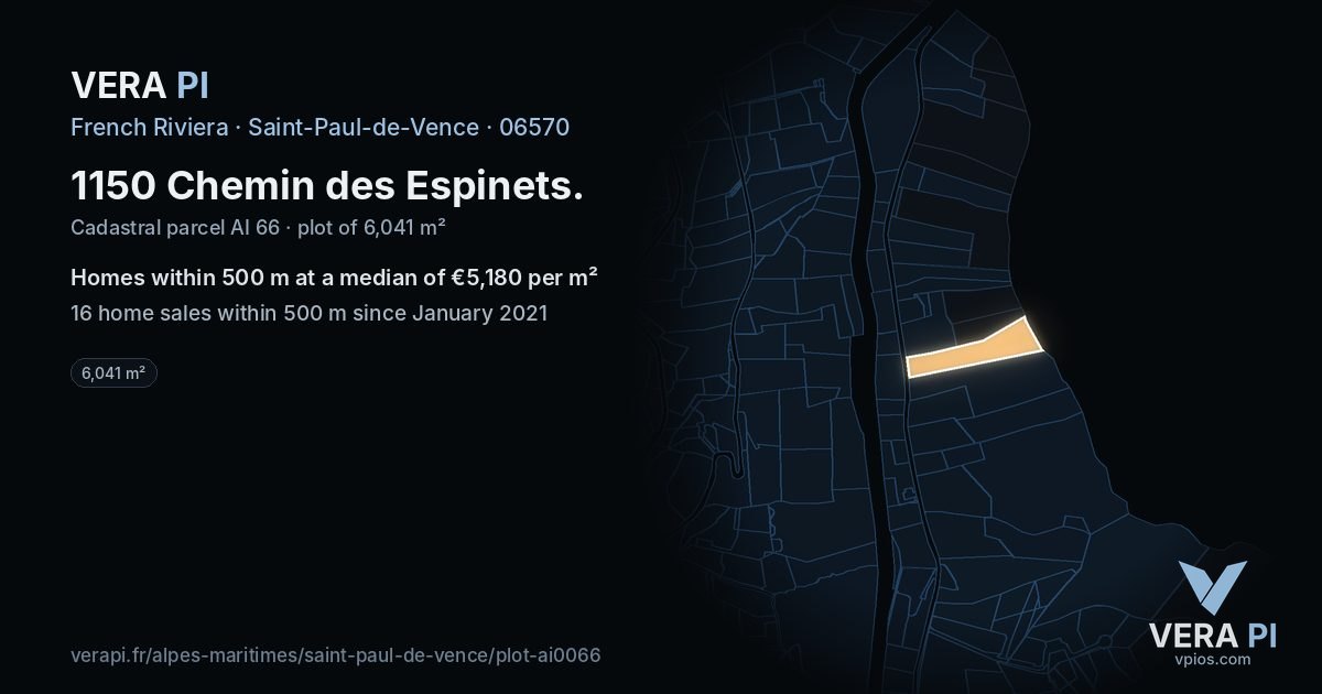 1150 Chemin des Espinets, Saint-Paul-de-Vence at night – the plot lit, the parcels around coloured by the prices near them
