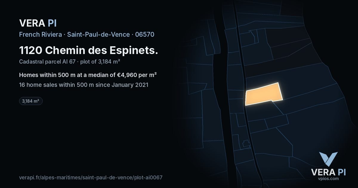 1120 Chemin des Espinets, Saint-Paul-de-Vence at night – the plot lit, the parcels around coloured by the prices near them