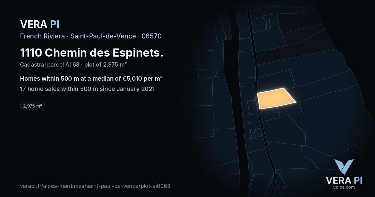 1110 Chemin des Espinets, Saint-Paul-de-Vence at night – the plot lit, the parcels around coloured by the prices near them
