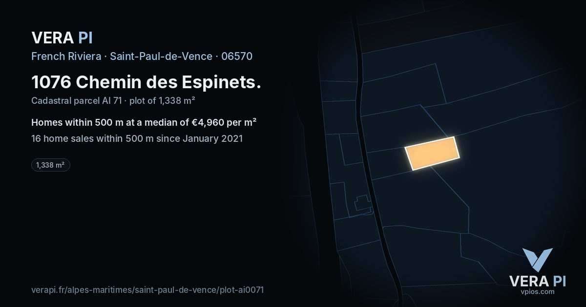 1076 Chemin des Espinets, Saint-Paul-de-Vence at night – the plot lit, the parcels around coloured by the prices near them