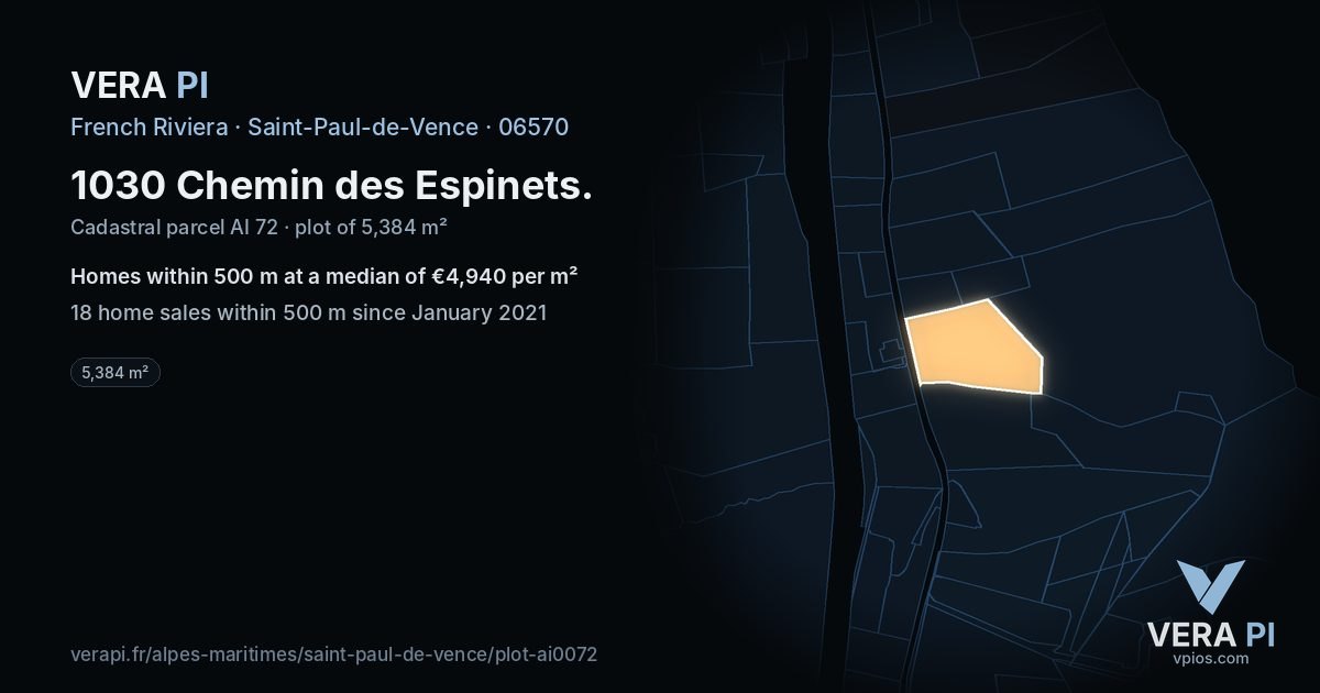 1030 Chemin des Espinets, Saint-Paul-de-Vence at night – the plot lit, the parcels around coloured by the prices near them