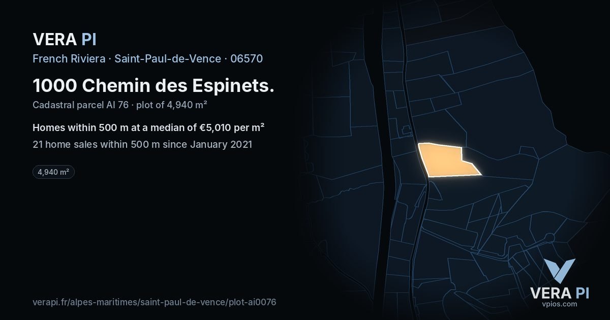 1000 Chemin des Espinets, Saint-Paul-de-Vence at night – the plot lit, the parcels around coloured by the prices near them