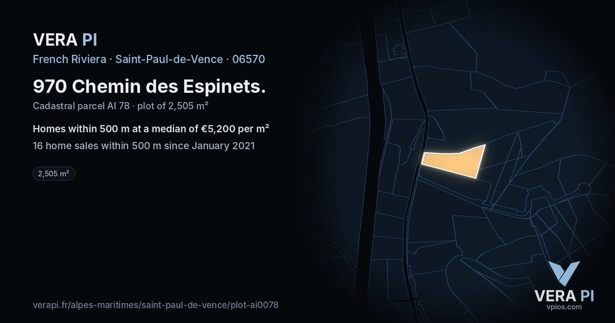 970 Chemin des Espinets, Saint-Paul-de-Vence at night – the plot lit, the parcels around coloured by the prices near them