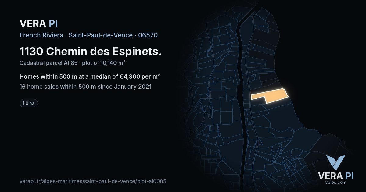 1130 Chemin des Espinets, Saint-Paul-de-Vence at night – the plot lit, the parcels around coloured by the prices near them