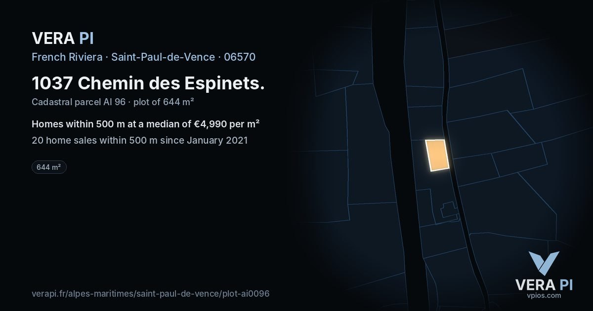 1037 Chemin des Espinets, Saint-Paul-de-Vence at night – the plot lit, the parcels around coloured by the prices near them