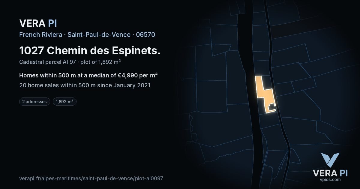 1027 Chemin des Espinets, Saint-Paul-de-Vence at night – the plot lit, the parcels around coloured by the prices near them