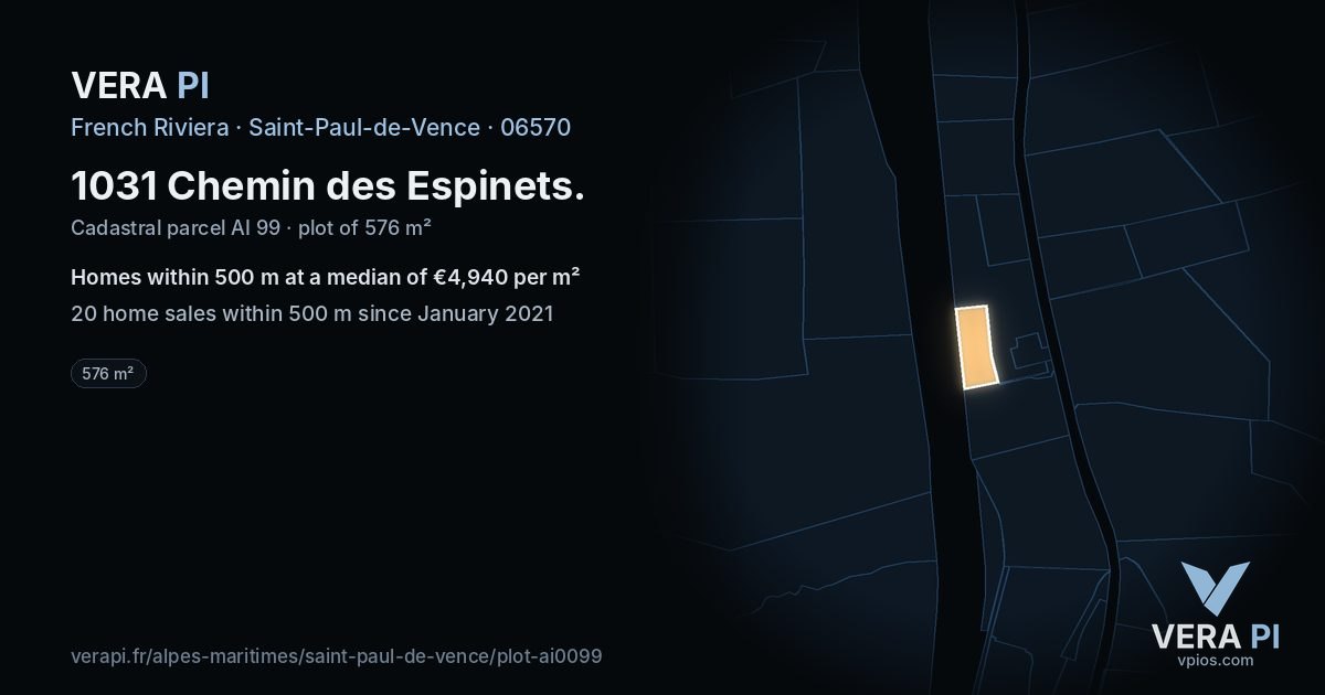 1031 Chemin des Espinets, Saint-Paul-de-Vence at night – the plot lit, the parcels around coloured by the prices near them