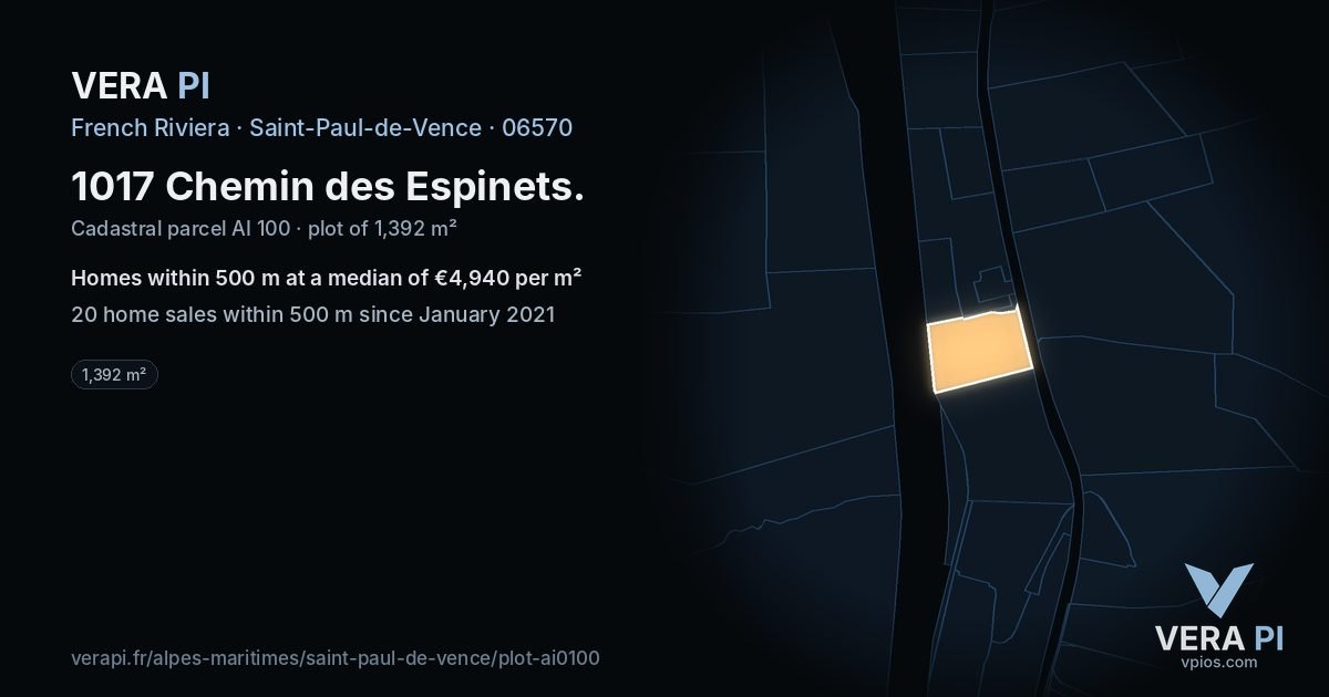 1017 Chemin des Espinets, Saint-Paul-de-Vence at night – the plot lit, the parcels around coloured by the prices near them