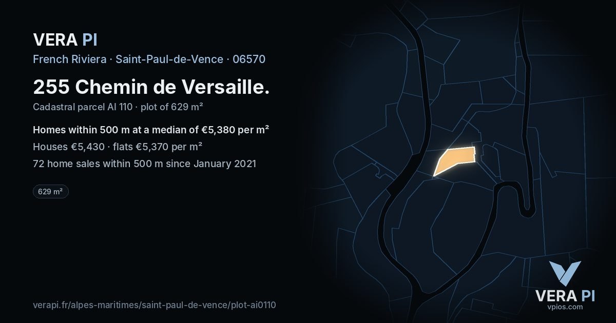 255 Chemin de Versaille, Saint-Paul-de-Vence at night – the plot lit, the parcels around coloured by the prices near them