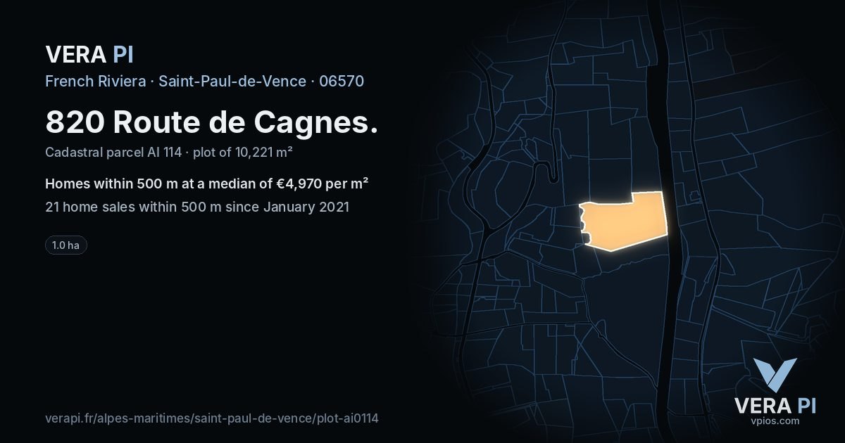 820 Route de Cagnes, Saint-Paul-de-Vence at night – the plot lit, the parcels around coloured by the prices near them